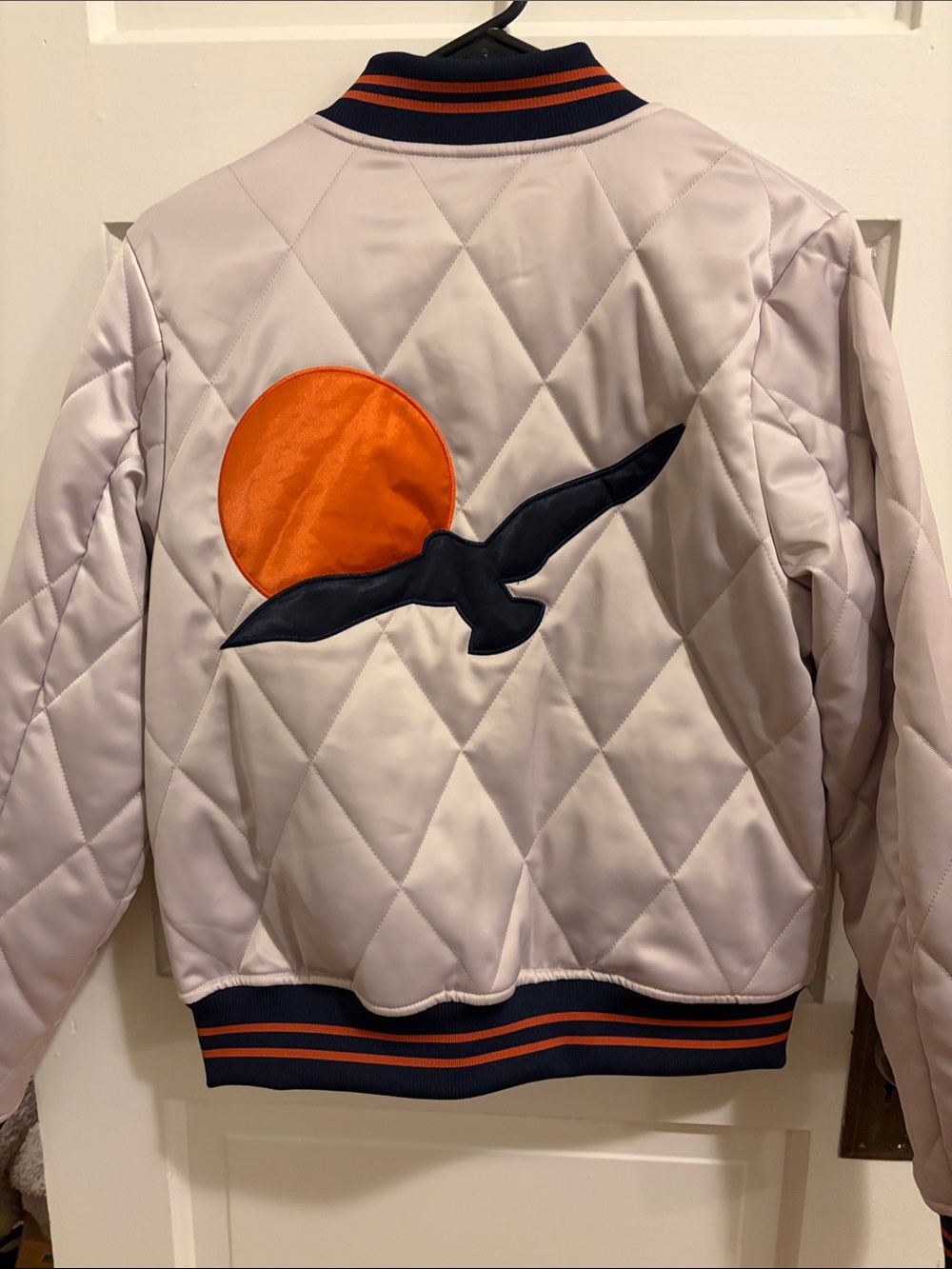 NWT Classic Rock Couture Quilted Bomber Jacket with Navy & Orange Trim